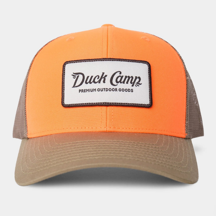 Duck Camp Trucker Hat in Wheat/Blaze Orange