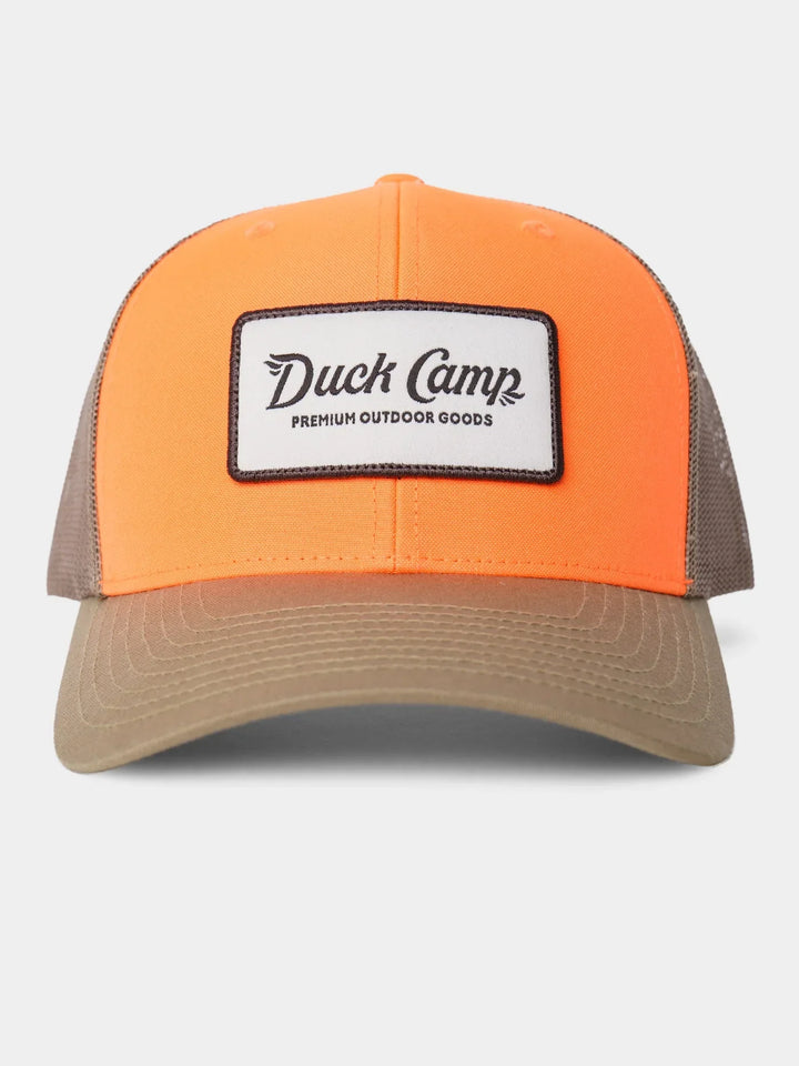 Duck Camp Trucker Hat in Wheat/Blaze Orange