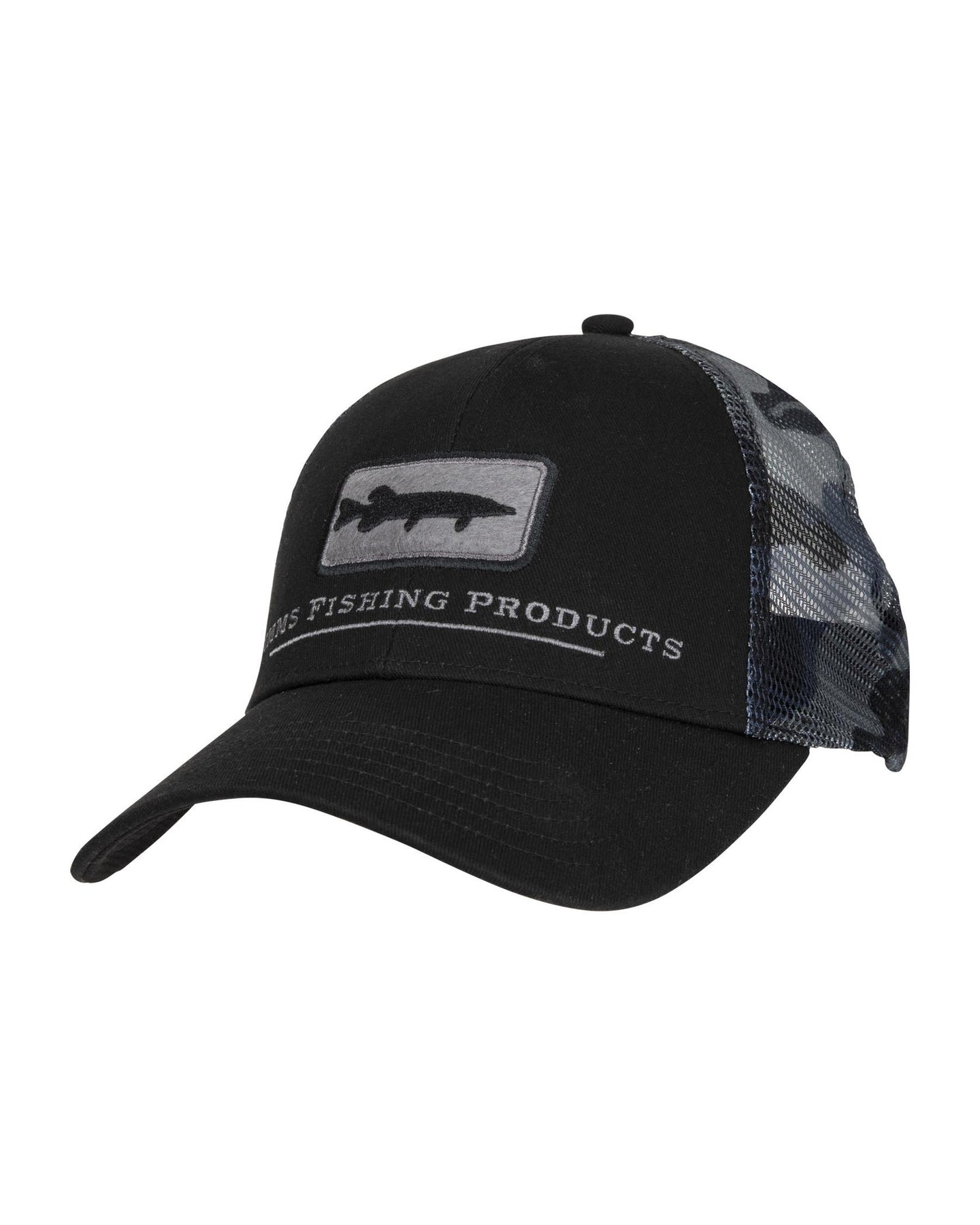 One (1) Simms Fishing Hat Bass Icon Trucker Woodland Camo Cap NWT Low Crown